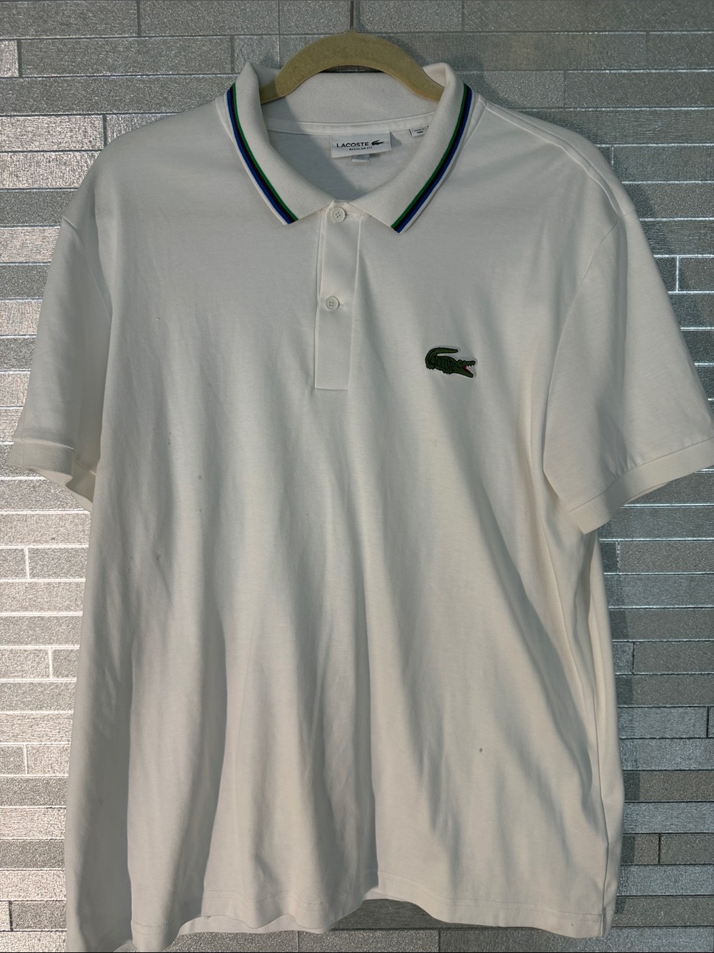 Lacoste White Polo with Green Crocodile and Blue-Green Collar Trim XL